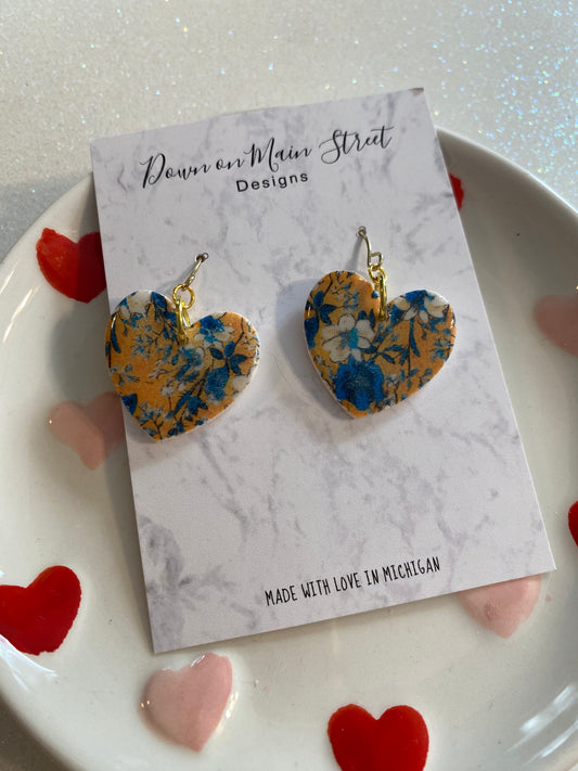 Orange/blue floral heart dangles